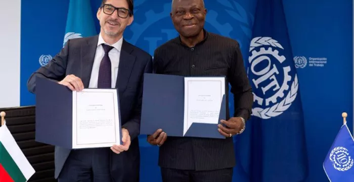 Ratification ceremony of Conventions Nos. 155 and 187, 2 April 2024: H.E. Ambassador Yuri Sterk, Permanent Representative of the Republic of Bulgaria to the UN Office and other International Organisations in Geneva and Gilbert F. Houngbo, DG of the ILO